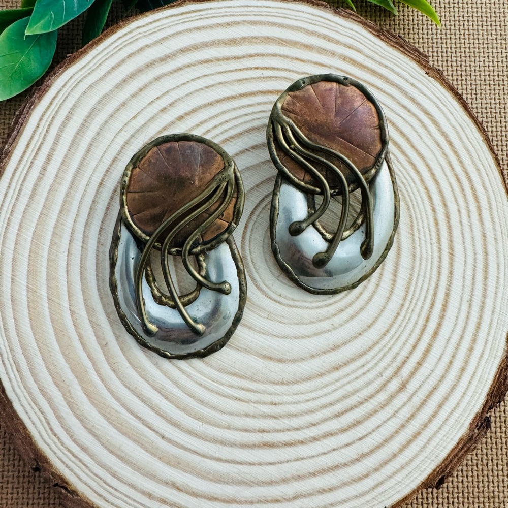 Vintage Statement Artistic Bronze and Silver Earrings artisan handmade jewelry